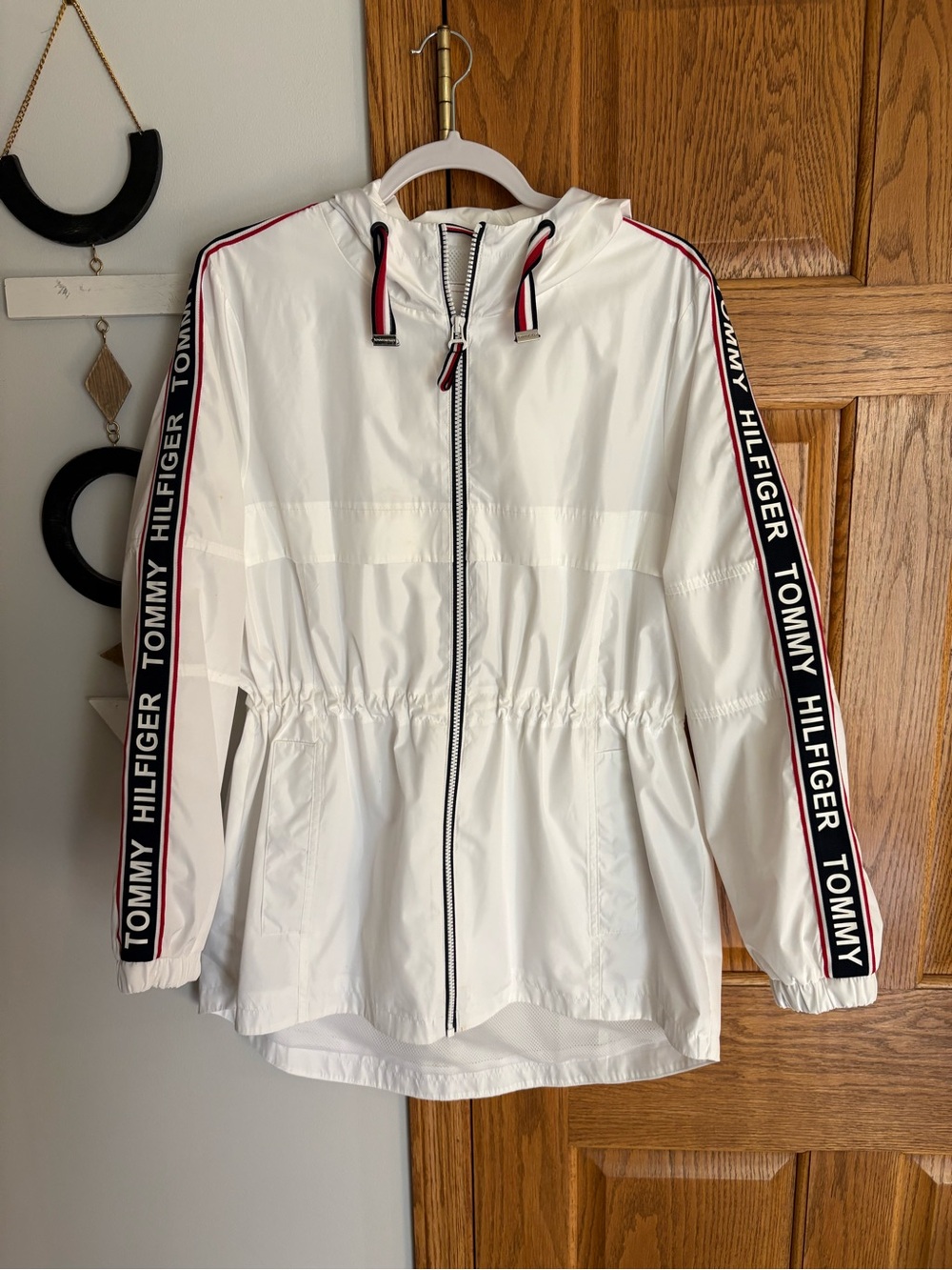 Tommy Hilfiger White Hooded Zip Jacket with Navy Branded Label